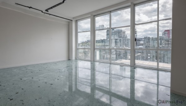 outdoors,sky,day,cloud,indoors,blue sky,no humans,window,shadow,cloudy sky,building,scenery,reflection,city,tiles,cityscape,skyscraper,hallway,reflective floor,tree,door,wall,tile floor,floor,ceiling