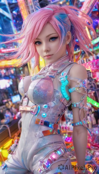 1girl,solo,long hair,breasts,looking at viewer,short hair,bangs,blue eyes,gloves,bare shoulders,jewelry,medium breasts,closed mouth,blue hair,standing,ponytail,pink hair,multicolored hair,cowboy shot,fingerless gloves,blurry,two-tone hair,lips,bodysuit,makeup,blurry background,skin tight,science fiction,realistic,nose,white bodysuit,cyberpunk,smile,earrings,outdoors,artist name,signature,bracelet,leotard,depth of field,swept bangs,watermark,piercing,light smile,web address,armlet,arms at sides,cable,harness,neon lights