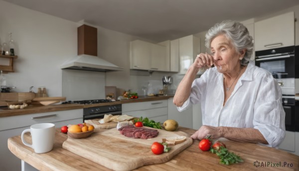 solo,shirt,1boy,holding,jewelry,closed mouth,white shirt,upper body,white hair,grey hair,male focus,food,collared shirt,indoors,necklace,cup,dress shirt,fruit,facial hair,eating,table,knife,beard,plate,sleeves rolled up,mug,realistic,apple,basket,bread,old,old man,meat,kitchen,tomato,vegetable,frying pan,sink,counter,old woman,lettuce,wrinkled skin,cutting board,onion,salad,1girl,sitting,hair bun,grey eyes,single hair bun,carrot,cooking,coffee mug,stove,potato,kitchen knife