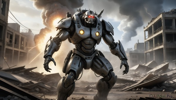 HQ,solo,red eyes,standing,outdoors,sky,cloud,armor,military,no humans,glowing,cloudy sky,robot,building,mecha,glowing eyes,smoke,science fiction,city,realistic,military vehicle,glowing eye,explosion,ruins,power lines,damaged,open hands,debris,destruction,rubble,ground vehicle,motor vehicle,monster,electricity,battle,lightning,dust,super robot,kaijuu