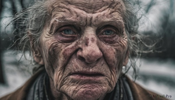 solo,looking at viewer,blue eyes,1boy,closed mouth,white hair,grey hair,male focus,blurry,grey eyes,blurry background,facial hair,portrait,beard,realistic,manly,old,old man,old woman,wrinkled skin,jewelry,green eyes,earrings,depth of field,scar,messy hair,scar on face,close-up,veins,serious