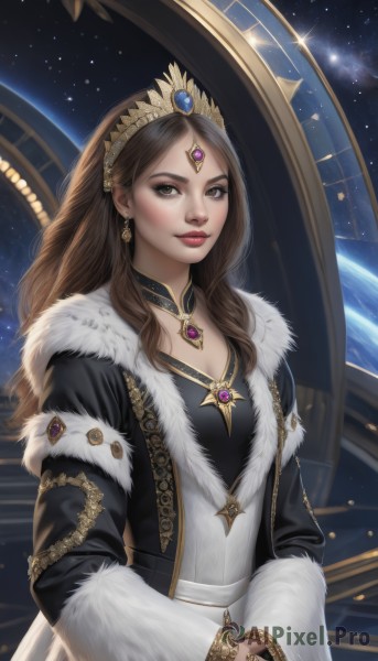 1girl,solo,long hair,breasts,looking at viewer,smile,brown hair,long sleeves,dress,cleavage,brown eyes,jewelry,upper body,earrings,choker,lips,coat,fur trim,makeup,own hands together,tiara,crown,lipstick,gem,star (sky),starry sky,gold trim,circlet,nose,red lips,space,planet,earth (planet),medium breasts,artist name,necklace,bracelet,ring,realistic