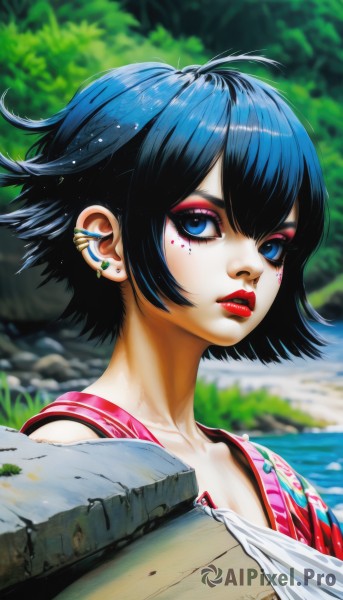 1girl,solo,looking at viewer,short hair,bangs,blue eyes,black hair,jewelry,closed mouth,blue hair,collarbone,upper body,earrings,outdoors,day,artist name,water,blurry,tree,lips,eyelashes,makeup,depth of field,blurry background,piercing,lipstick,ear piercing,portrait,eyeshadow,nose,red lips,stud earrings,eyeliner,mascara,shirt,parted lips,from side,facial mark,wind,facepaint