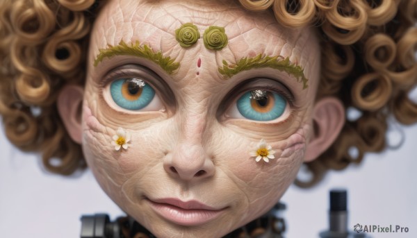 1girl,solo,looking at viewer,blue eyes,blonde hair,simple background,brown hair,white background,closed mouth,flower,tears,blurry,lips,eyelashes,depth of field,blurry background,portrait,close-up,curly hair,realistic,eye focus,yellow eyes,heterochromia,multicolored eyes,cyborg,mechanical eye