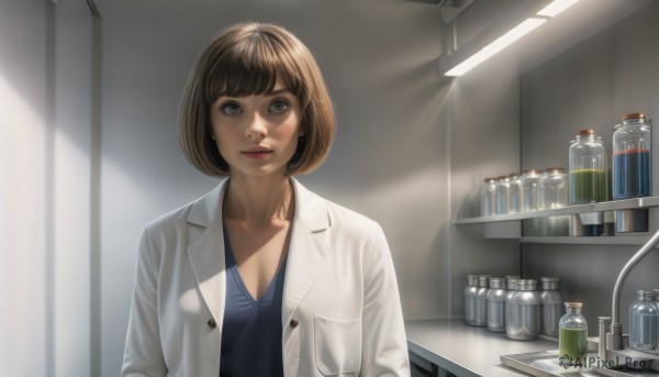 1girl,solo,breasts,looking at viewer,short hair,bangs,brown hair,shirt,cleavage,brown eyes,medium breasts,closed mouth,collarbone,upper body,open clothes,indoors,lips,sunlight,bob cut,bottle,blue shirt,pocket,realistic,nose,labcoat,white coat,shelf,jar,smile,kitchen