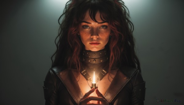 1girl,solo,long hair,looking at viewer,blue eyes,brown hair,black hair,gloves,jewelry,jacket,upper body,red hair,multicolored hair,necklace,collar,lips,grey eyes,wavy hair,messy hair,freckles,realistic,leather,leather jacket,holding,green eyes,weapon,earrings,armor,portrait