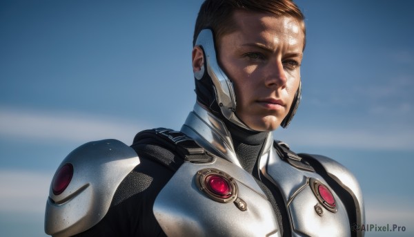 solo,looking at viewer,short hair,brown hair,1boy,brown eyes,upper body,male focus,sky,day,dark skin,armor,blue sky,lips,portrait,science fiction,realistic,nose,pilot suit,cyborg,power armor,closed mouth,bodysuit,spacesuit