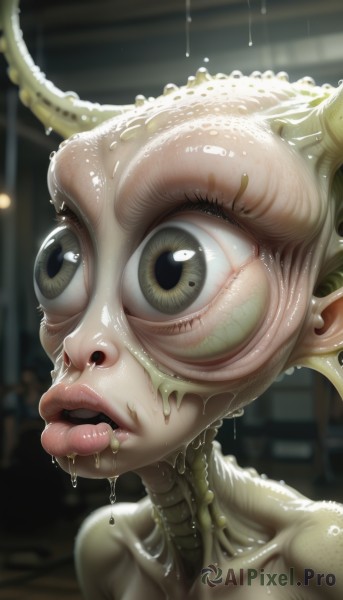 1girl,solo,looking at viewer,open mouth,collarbone,teeth,tongue,artist name,indoors,tongue out,blurry,black eyes,lips,wet,blurry background,colored skin,monster girl,portrait,close-up,freckles,monster,realistic,dripping,slime (substance),horror (theme),no humans,nose,alien,what