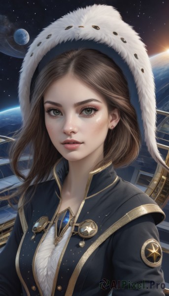 1girl,solo,long hair,breasts,looking at viewer,brown hair,hat,jewelry,green eyes,upper body,earrings,sky,lips,grey eyes,fur trim,eyelashes,makeup,star (sky),freckles,realistic,nose,space,planet,earth (planet),brown eyes,medium breasts,jacket,parted lips,hood