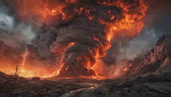 outdoors, sky, fire, scenery, smoke, monster, fantasy, molten rock