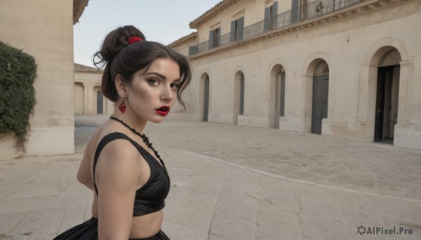 1girl,solo,breasts,looking at viewer,short hair,skirt,brown hair,black hair,bare shoulders,brown eyes,jewelry,upper body,earrings,small breasts,outdoors,parted lips,day,midriff,necklace,hair bun,from side,lips,makeup,single hair bun,lipstick,building,realistic,red lips,dress,sky,teeth,looking back,nose