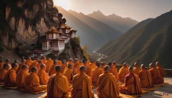 sitting,outdoors,japanese clothes,multiple boys,sky,day,from behind,tree,building,scenery,6+boys,robe,mountain,architecture,multiple others,east asian architecture,crowd,people,6+others,multiple girls,standing,cape,sunlight,cloak,seiza,facing away,road,statue,mountainous horizon,cliff