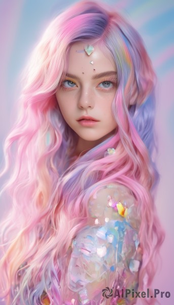 1girl,solo,long hair,looking at viewer,blue eyes,closed mouth,upper body,pink hair,flower,multicolored hair,artist name,lips,grey eyes,eyelashes,tattoo,makeup,wavy hair,gem,eyeshadow,freckles,realistic,nose,gradient hair,facial mark,expressionless