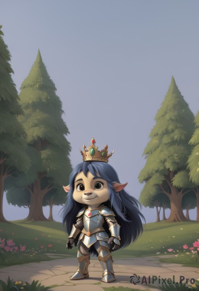 1girl,solo,long hair,looking at viewer,smile,black hair,animal ears,brown eyes,very long hair,closed mouth,blue hair,standing,flower,outdoors,sky,pointy ears,armor,tree,grass,crown,shoulder armor,gauntlets,nature,furry,breastplate,armored boots,yordle,bangs,full body,boots,teeth,day,artist name,black eyes,watermark,freckles,furry female,bush,path,plate armor