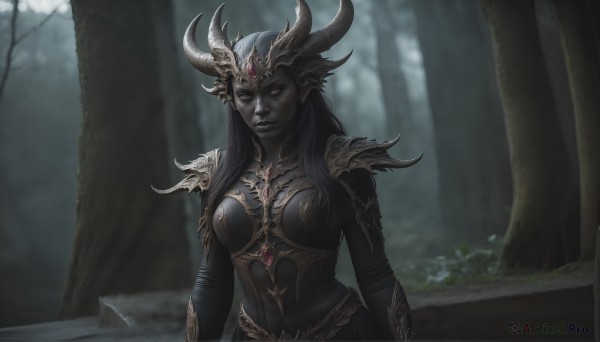 HQ,1girl,solo,long hair,breasts,looking at viewer,black hair,red eyes,jewelry,medium breasts,closed mouth,upper body,outdoors,horns,pointy ears,armor,blurry,tree,blurry background,colored skin,shoulder armor,gem,nature,glowing eyes,forest,colored sclera,pauldrons,white eyes,grey skin,black skin,black lips,elf,realistic,fantasy