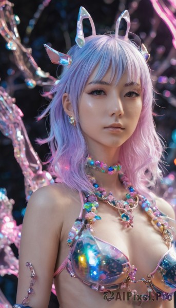 1girl,solo,long hair,breasts,looking at viewer,bangs,cleavage,bare shoulders,brown eyes,jewelry,medium breasts,closed mouth,swimsuit,upper body,pink hair,bikini,multicolored hair,earrings,medium hair,necklace,blurry,black eyes,lips,gem,realistic,bikini armor,hair ornament,animal ears,blue hair,parted lips,choker,artist name,eyelashes,gradient hair,makeup,underboob,depth of field,blurry background,fake animal ears,bikini top only,nose,arms at sides,mechanical ears