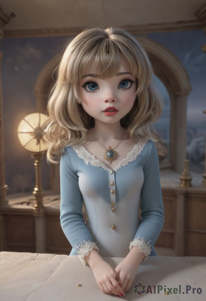 1girl,solo,long hair,breasts,looking at viewer,bangs,blue eyes,blonde hair,long sleeves,dress,jewelry,collarbone,upper body,small breasts,parted lips,artist name,indoors,necklace,nail polish,blurry,lips,makeup,buttons,depth of field,blurry background,blue dress,table,own hands together,red nails,pink nails,pendant,freckles,red lips,lamp,blush,sitting,teeth,eyelashes,lipstick,child,lace trim,lace,realistic,female child,wall,painting (object)