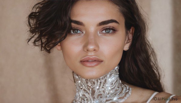 1girl,solo,long hair,looking at viewer,blue eyes,brown hair,black hair,jewelry,earrings,parted lips,choker,blurry,lips,eyelashes,blurry background,portrait,freckles,realistic,nose,bangs,dress,bare shoulders,teeth,necklace,close-up,brown background