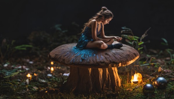 1girl,solo,long hair,breasts,brown hair,black hair,dress,bare shoulders,sitting,closed mouth,closed eyes,ponytail,boots,outdoors,sleeveless,socks,blurry,from side,tree,bare arms,profile,night,sleeveless dress,depth of field,blue dress,glowing,grass,plant,nature,scenery,blue footwear,minigirl,indian style,mushroom,wide shot,tree stump,log,blurry background,looking down,bug,butterfly,realistic