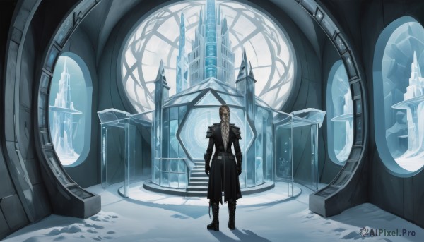 solo,long hair,looking at viewer,blonde hair,gloves,long sleeves,1boy,standing,full body,grey hair,male focus,boots,black gloves,belt,pants,black footwear,armor,coat,black jacket,black pants,shoulder armor,building,scenery,snow,pauldrons,black coat,high collar,architecture,wide shot,long coat,church,holding,weapon,indoors,fur trim,window,facial hair,floating,ice,blue theme,ruins,pillar,statue,arch,gate