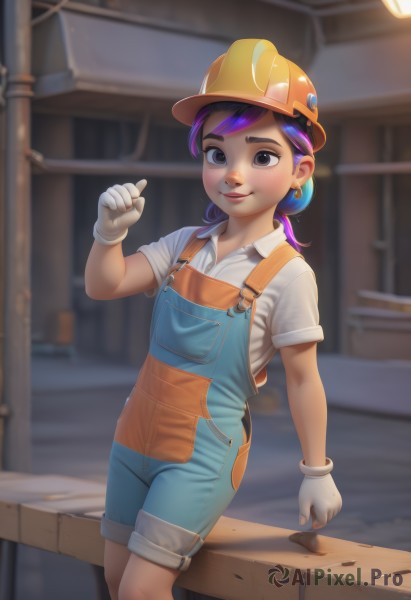 1girl,solo,looking at viewer,smile,shirt,gloves,hat,brown eyes,jewelry,closed mouth,standing,white shirt,purple hair,short sleeves,multicolored hair,earrings,collared shirt,white gloves,blurry,lips,blurry background,child,female child,overalls,yellow headwear,overall shorts,long hair,blush,ponytail,outdoors,artist name,hand up,thick eyebrows,helmet,clenched hand,web address,low ponytail,freckles,stud earrings,blue overalls,hardhat