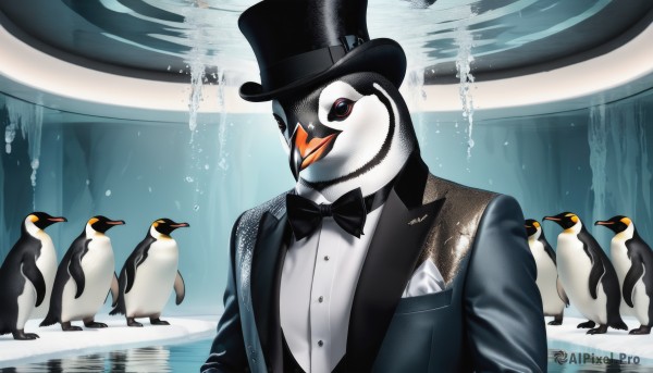 solo,shirt,1boy,hat,bow,jacket,white shirt,upper body,male focus,collared shirt,bowtie,water,black eyes,vest,black jacket,no humans,black headwear,black bow,bird,animal,formal,suit,reflection,bubble,black bowtie,top hat,animal focus,penguin,traditional bowtie,tuxedo,clothed animal,flock,looking at viewer,standing,artist name,6+others