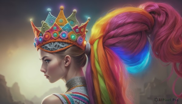 1girl,solo,long hair,looking at viewer,blue eyes,brown hair,hat,bare shoulders,upper body,ponytail,multicolored hair,parted lips,looking back,from behind,blurry,lips,eyelashes,profile,blurry background,feathers,crown,portrait,headdress,jewelry,very long hair,closed mouth,pink hair,braid,outdoors,sky,necklace,from side,gem,realistic,nose