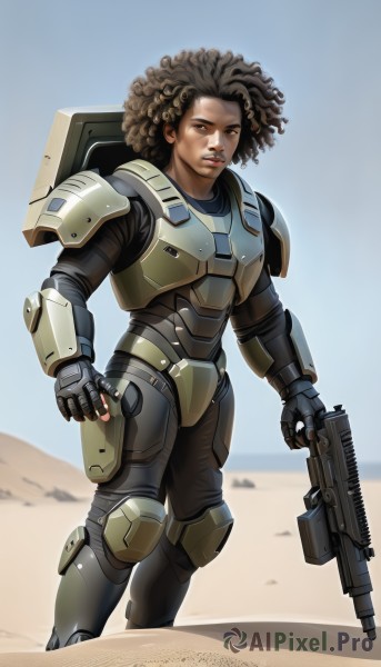 solo,looking at viewer,brown hair,black hair,gloves,1boy,holding,brown eyes,weapon,male focus,dark skin,fingerless gloves,holding weapon,armor,dark-skinned female,lips,gun,dark-skinned male,shoulder armor,holding gun,rifle,walking,science fiction,curly hair,breastplate,realistic,nose,assault rifle,power armor,bullpup,desert,dreadlocks,afro,1girl,standing,outdoors,parted lips,day,feet out of frame,beach,shield,sand,armored boots,knee pads,dirty,power suit