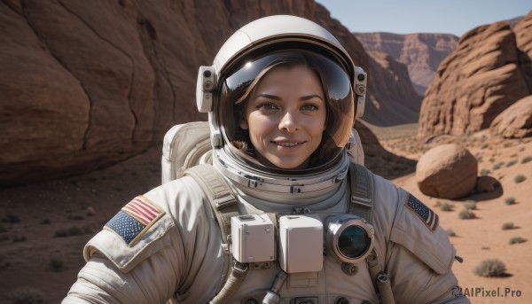 1girl,solo,looking at viewer,smile,brown hair,brown eyes,upper body,outdoors,parted lips,teeth,lips,backpack,helmet,rock,realistic,american flag,spacesuit,desert,japanese flag,space helmet,united states,astronaut,day,grin,portrait,dirty