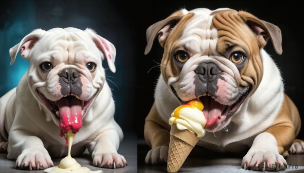 HQ,looking at viewer,open mouth,brown eyes,yellow eyes,food,teeth,tongue,tongue out,no humans,animal,fangs,eating,cat,black background,licking,dog,realistic,ice cream,sexually suggestive,animal focus,ice cream cone,food focus,horror (theme),what,melting,reference inset,photo inset,soft serve,claws