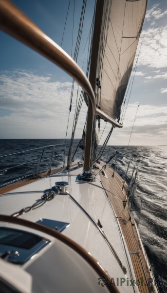 outdoors,sky,day,cloud,water,blurry,blue sky,no humans,depth of field,ocean,cloudy sky,scenery,reflection,horizon,cable,watercraft,ship,boat,blurry foreground,power lines,utility pole