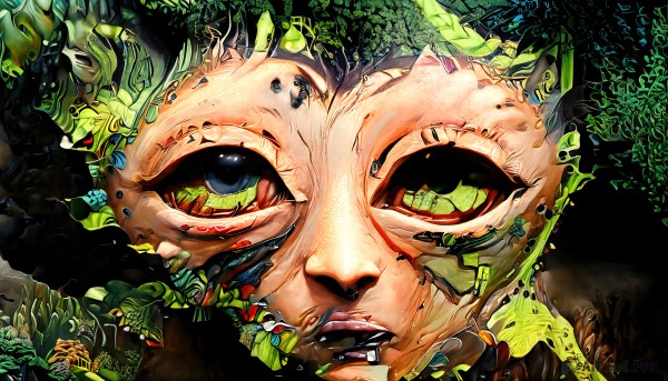 HQ,1girl,solo,looking at viewer,open mouth,blue eyes,green eyes,green hair,teeth,no humans,leaf,plant,close-up,colored sclera,horror (theme),abstract,eye focus,science fiction,monster,realistic,extra eyes