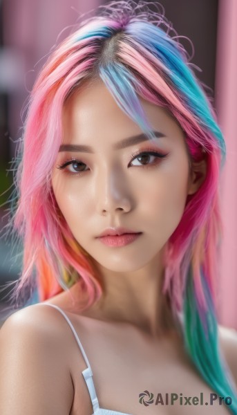 1girl,solo,long hair,breasts,looking at viewer,bangs,cleavage,bare shoulders,brown eyes,medium breasts,closed mouth,underwear,blue hair,collarbone,upper body,pink hair,multicolored hair,bra,blurry,two-tone hair,lips,eyelashes,aqua hair,gradient hair,makeup,depth of field,blurry background,watermark,portrait,web address,eyeshadow,white bra,realistic,nose,rainbow hair,artist name