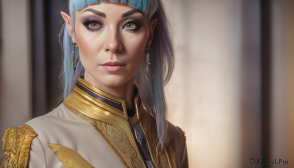 1girl,solo,long hair,looking at viewer,bangs,brown eyes,jewelry,closed mouth,blue hair,yellow eyes,upper body,earrings,pointy ears,blunt bangs,necklace,blurry,lips,eyelashes,makeup,depth of field,blurry background,portrait,eyeshadow,epaulettes,realistic,nose,lipstick,eyeliner,mascara