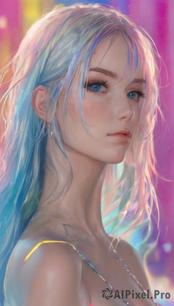 1girl,solo,long hair,breasts,looking at viewer,bangs,blue eyes,cleavage,bare shoulders,jewelry,medium breasts,closed mouth,blue hair,collarbone,upper body,white hair,multicolored hair,earrings,necklace,mole,blurry,from side,lips,eyelashes,blurry background,portrait,freckles,realistic,nose,artist name,depth of field,spaghetti strap