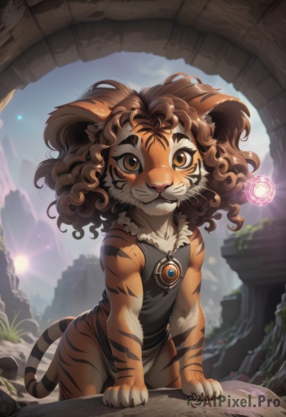 1girl,solo,looking at viewer,smile,brown hair,animal ears,brown eyes,jewelry,collarbone,tail,outdoors,sky,sleeveless,day,necklace,sunlight,messy hair,furry,pendant,curly hair,furry female,sun,tiger ears,tiger tail,tiger,tiger stripes,blush,short hair,bangs,shirt,dress,bare shoulders,closed mouth,standing,teeth,artist name,cloud,medium hair,blurry,flat chest,blue sky,animal ear fluff,black shirt,sleeveless shirt,leaning forward,:3,blurry background,fangs,watermark,wavy hair,grass,light particles,backlighting,animal hands,tiger print,body fur,ruins,white fur,animal nose,whiskers,brown fur,striped tail,tiger girl,year of the tiger,fangs out,multicolored fur