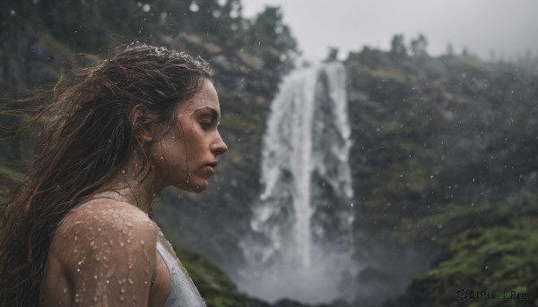 1girl, solo, long hair, brown hair, upper body, outdoors, dark skin, water, blurry, from side, tree, lips, wet, profile, realistic, nose, waterfall