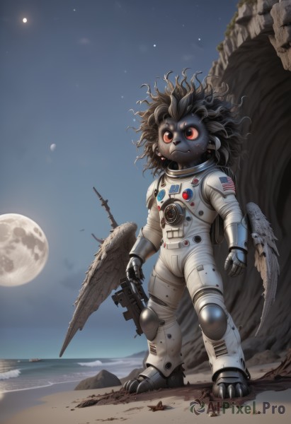 solo,black hair,red eyes,1boy,standing,weapon,wings,sky,signature,gun,night,ocean,beach,moon,robot,star (sky),full moon,science fiction,sand,space,planet,damaged,alien,earth (planet),american flag,spacecraft,spacesuit,desert,astronaut,full body,no humans,feathered wings,furry,starry sky,flag,shell,starfish,japanese flag