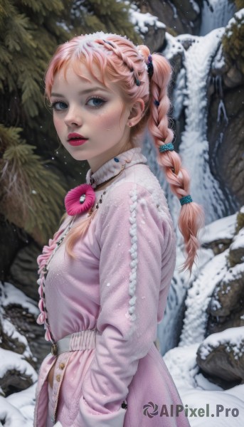 1girl,solo,long hair,looking at viewer,blue eyes,blonde hair,hair ornament,long sleeves,dress,bow,jewelry,standing,pink hair,braid,earrings,outdoors,frills,parted lips,belt,artist name,bowtie,blurry,from side,tree,lips,coat,eyelashes,single braid,makeup,lipstick,pink bow,nature,snow,eyeshadow,freckles,braided ponytail,snowing,realistic,nose,hands in pockets,winter clothes,red lips,stud earrings,winter,mascara,multiple braids,breasts,blush,bangs,ribbon,upper body,flower,hair bow,multicolored hair,hairband,teeth,necklace,twin braids,looking to the side,buttons,blue bow,piercing,hair bobbles,blue ribbon,ear piercing,beads,high collar,rock,hair tie,pearl necklace,multi-tied hair,pink coat