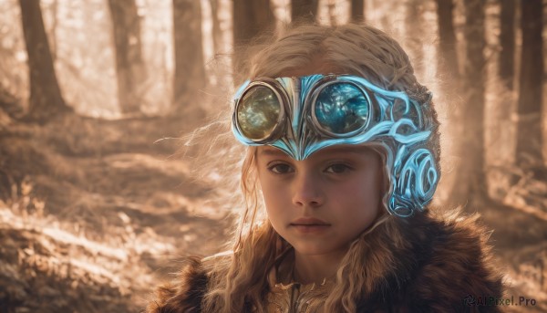 1girl,solo,long hair,looking at viewer,blue eyes,blonde hair,jewelry,closed mouth,outdoors,necklace,mole,blurry,tree,lips,grey eyes,fur trim,eyelashes,blurry background,goggles,portrait,nature,forest,goggles on head,realistic,brown eyes,expressionless,helmet,freckles,goggles on headwear