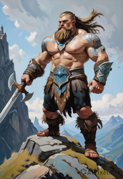 solo,long hair,blonde hair,brown hair,1boy,navel,holding,jewelry,closed mouth,nipples,standing,full body,weapon,male focus,outdoors,sky,shorts,day,pointy ears,sword,cloud,necklace,stomach,holding weapon,blue sky,tattoo,muscular,facial hair,scar,holding sword,black shorts,abs,sandals,thick eyebrows,cloudy sky,pectorals,muscular male,wind,gauntlets,bara,beard,large pectorals,topless male,rock,mountain,mature male,mustache,bracer,arm tattoo,manly,shoulder tattoo,biceps,chest tattoo,stomach tattoo,thick arms,leather,chest hair,navel hair