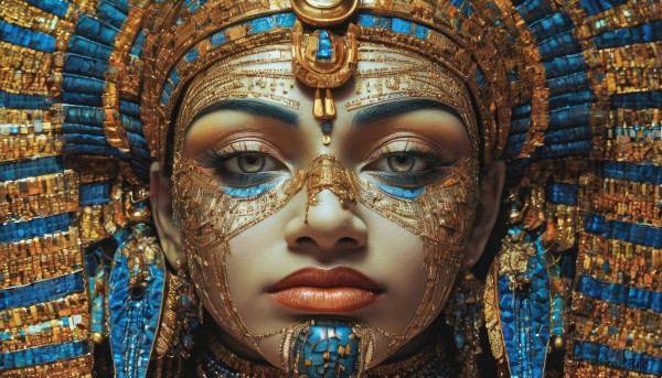 1girl,solo,looking at viewer,blue eyes,jewelry,closed mouth,blue hair,lips,grey eyes,eyelashes,makeup,lipstick,gem,portrait,close-up,realistic,nose,red lips,straight-on,gold,black hair,brown eyes,earrings,headdress,egyptian,gold chain