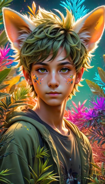 solo,looking at viewer,short hair,bangs,shirt,1boy,animal ears,closed mouth,green eyes,jacket,upper body,male focus,outdoors,green hair,open clothes,sky,artist name,cat ears,signature,hood,star (symbol),lips,black shirt,fox ears,hoodie,leaf,watermark,facial mark,hood down,plant,star (sky),web address,starry sky,nose,facepaint,fox boy,yellow eyes,necklace,night,night sky,hooded jacket,freckles,green jacket