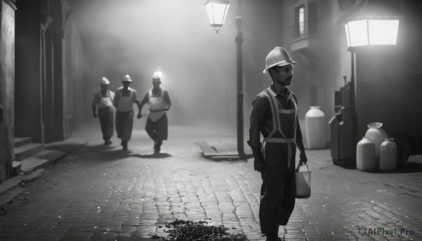 shirt,gloves,long sleeves,1boy,hat,holding,standing,monochrome,greyscale,male focus,boots,outdoors,multiple boys,solo focus,uniform,apron,helmet,walking,light,bucket,lamppost,pants,bag,1other,lamp,multiple others,street,ambiguous gender,alley,6+others