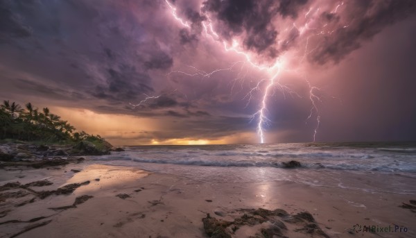 outdoors, sky, cloud, water, tree, dutch angle, no humans, ocean, beach, cloudy sky, nature, scenery, sunset, sand, horizon, electricity, waves, lightning, shore