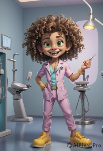 1girl,solo,looking at viewer,smile,open mouth,brown hair,shirt,holding,jewelry,green eyes,full body,earrings,shoes,teeth,belt,pants,dark skin,bracelet,dark-skinned female,hand on hip,sharp teeth,wristband,child,reflection,curly hair,mirror,lamp,pink jacket,syringe,light bulb,pink pants,breasts,standing,jacket,bandaid,bandaid on face,facepaint