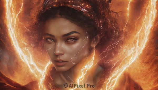 1girl,solo,looking at viewer,short hair,brown hair,black hair,brown eyes,hairband,parted lips,artist name,dark skin,dark-skinned female,lips,watermark,fire,portrait,realistic,nose,electricity,lightning,floating hair,glowing,freckles,orange theme