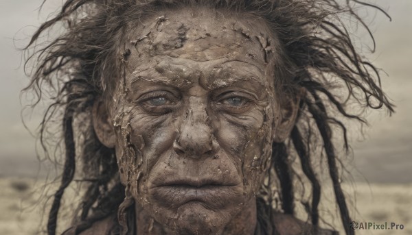 solo,looking at viewer,blue eyes,brown hair,black hair,1boy,closed mouth,male focus,outdoors,dark skin,blurry,blurry background,messy hair,portrait,realistic,dreadlocks,long hair,grey eyes,facial hair,beard,close-up,stubble,wrinkled skin