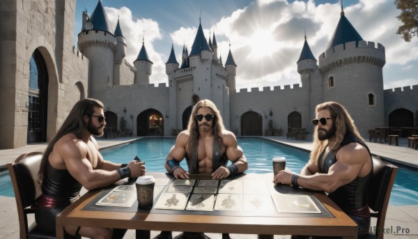 long hair,blonde hair,brown hair,black hair,holding,bare shoulders,sitting,closed mouth,male focus,outdoors,multiple boys,sky,sleeveless,day,cloud,2boys,water,black dress,tree,cup,muscular,facial hair,chair,abs,table,sunlight,sunglasses,3boys,cloudy sky,pectorals,muscular male,building,wristband,beard,4boys,city,realistic,mustache,sun,pool,manly,disposable cup,coffee cup,cafe,tank top,castle,map