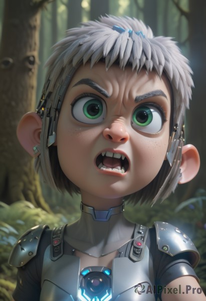 1girl,solo,looking at viewer,short hair,open mouth,jewelry,green eyes,upper body,white hair,grey hair,earrings,outdoors,teeth,armor,blurry,tree,bodysuit,blurry background,glowing,headgear,fangs,shoulder armor,child,portrait,nature,forest,freckles,science fiction,realistic,stud earrings,very short hair,cyborg,brown hair,lips,thick eyebrows,genderswap,close-up,genderswap (mtf),nose,shoulder pads